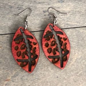 Wood Stained & Laser Cut Football with Leopard Engraved Pattern Large Earrings